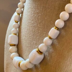 Trifari White and Gold Beaded Necklace Vintage Signed 16” L